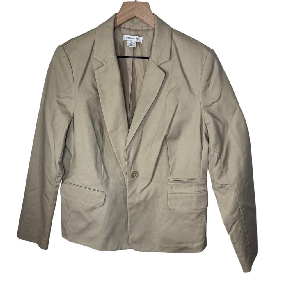Liz Claiborne Women’s Large Tan Khaki One Button Blazer Padded Shoulder Work